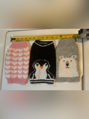 Cozy Small Pet Sweater Pack - Pink Hearts, Black Penguin, Gray Polar Bear